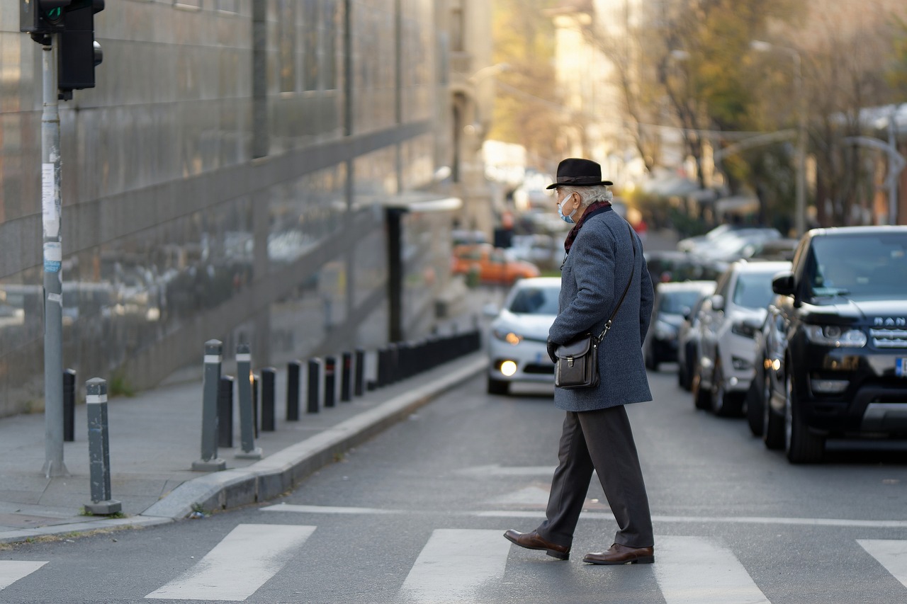 elderly man, crossing the street, crosswalk, pedestrian, traffic, urban, city, pedestrian lane, grandparents, grandpa